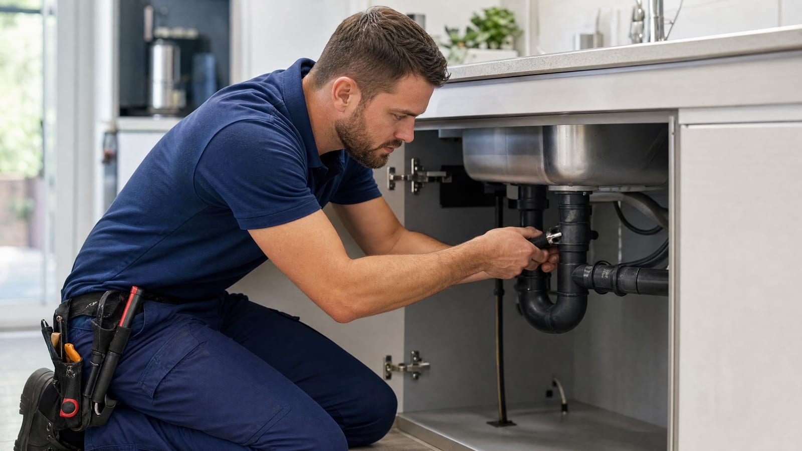 A modern tankless water heater above a clean run of copper pipe fittings in a residential utility room